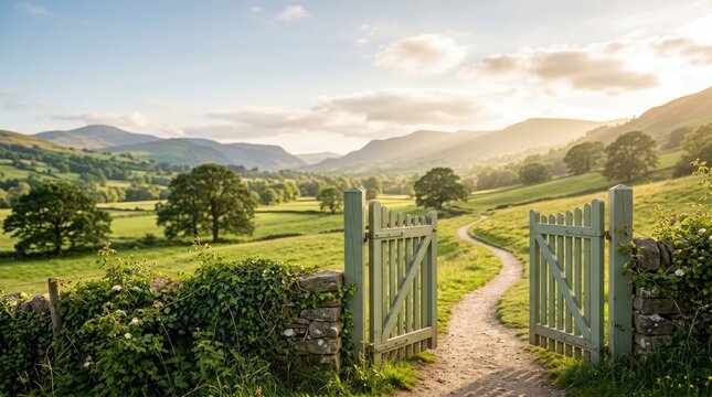 A weathered green gate stands open, inviting viewers onto a winding path through a lush green meadow.