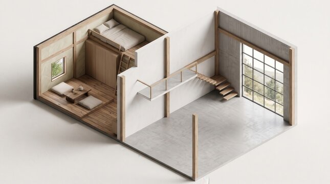 Isometric view of a Japandi tiny home featuring wooden furniture and minimalist decor. The open floor plan emphasizes functional living.