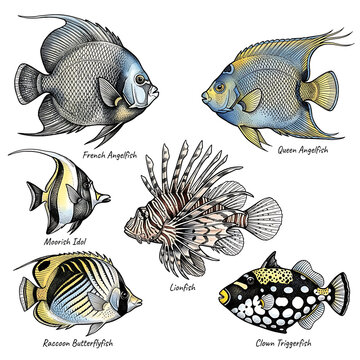 Collection of Hand-Drawn Tropical Fish Illustrations in Detailed Style