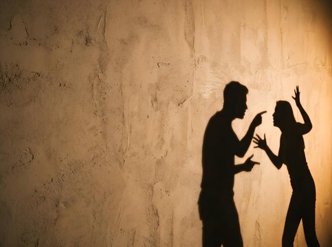 Shadow of couple arguing and fighting on textured wall background. Silhouette of man pointing finger and woman shouting during intense relationship conflict.
