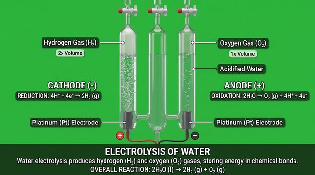 Scientific diagram showing water electrolysis process with hydrogen