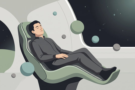Passenger Sleeping In Futuristic Spacecraft Chair With Floating Spheres