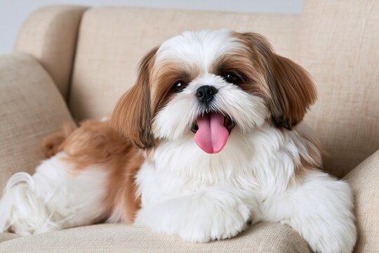 Fluffy brown and white shih tzu dog sitting comfortably on a beige fabric armchair indoors