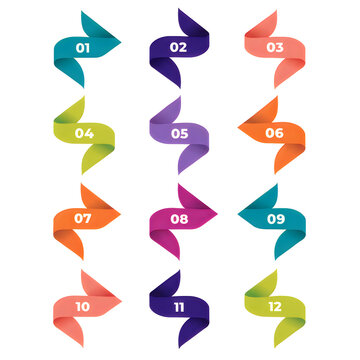 Collection of creative spiral folded ribbon arrow vectors, colorful elegant wave directional pointers for infographics, modern abstract web signs set.