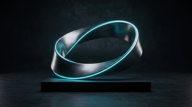 Metallic mobius strip with glowing cyan neon edges on dark pedestal