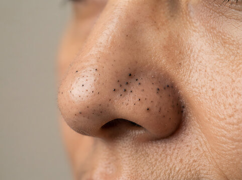 Close-up of a person's nose showing blackheads skin care concept