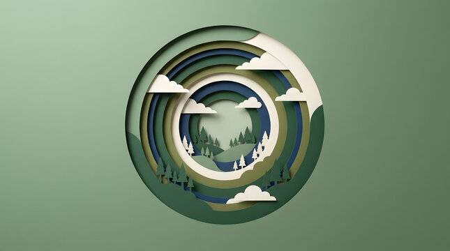 Abstract layered paper cut forest landscape with pine trees and clouds in circular frame