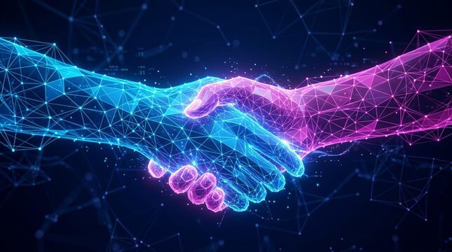 Glowing digital wireframe hands shaking illustrating cyber security agreement and global technology partnership