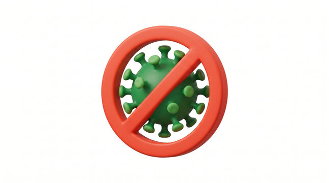 3D Illustration of a Green Virus Cell Inside a Red Prohibition Sign