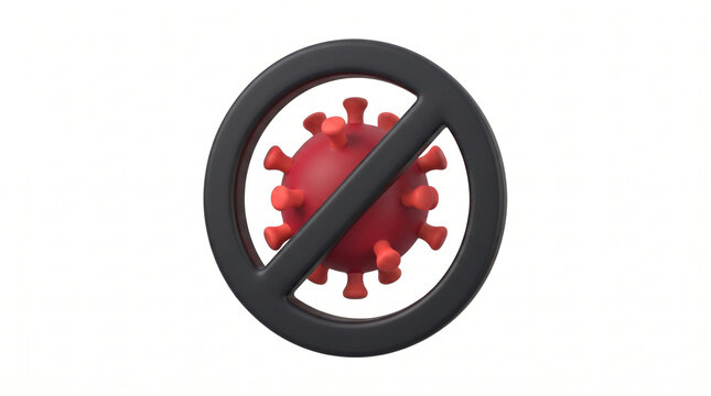 3D Illustration of a red Virus Cell Inside a Red Prohibition Sign