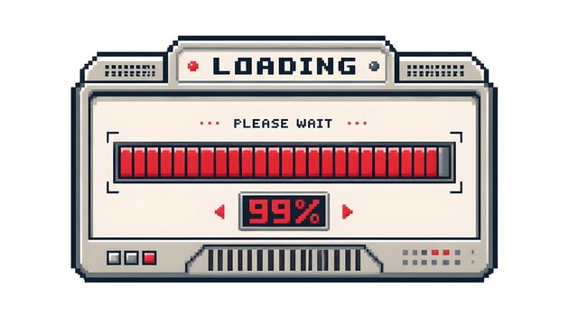 Retro pixel art computer loading screen with progress bar at ninety