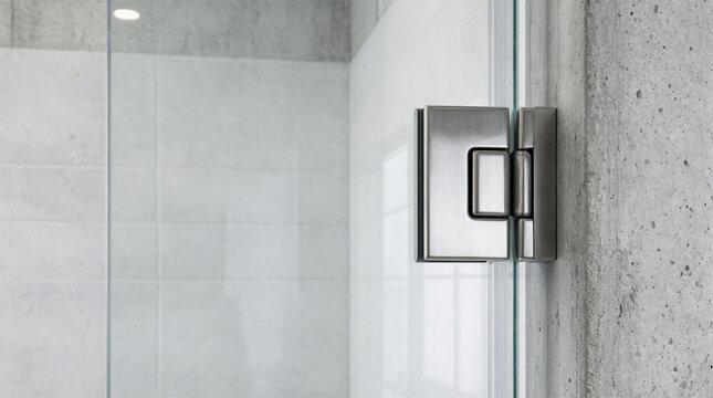 Polished stainless steel hinge mounted on 12mm thick glass shower door inside modern concrete bathroom