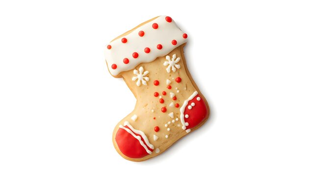 Festive christmas stocking shaped gingerbread cookie decorated with