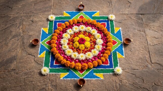 Colorful rangoli pattern with lit diyas and flower petals, top view. Traditional Diwali floor art for Deepavali cards, Indian festival promos and cultural content.