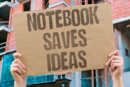 "Notebook saves ideas" Writers capture sudden creative sparks. NOTEBOOK. WRITERS. IDEAS. SPARKS. HABIT.
