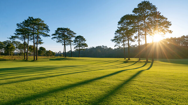sunlight filtering through tall pine trees casting long