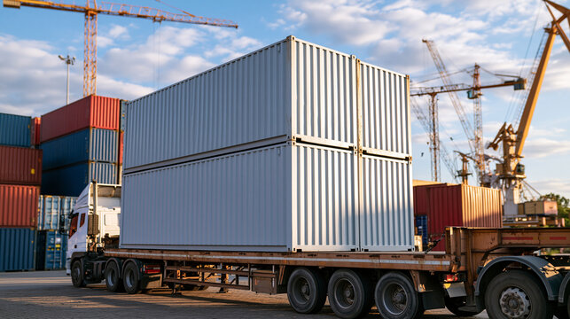 white shipping containers stacked on flatbed truck