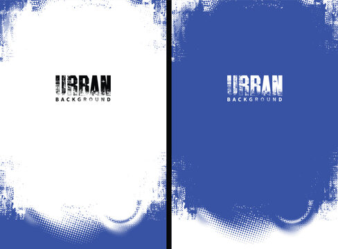 Abstract urban vector background set with distressed grunge borders, halftone textures and bold electric blue color. Two contrasting versions with white and blue backgrounds, urban typography