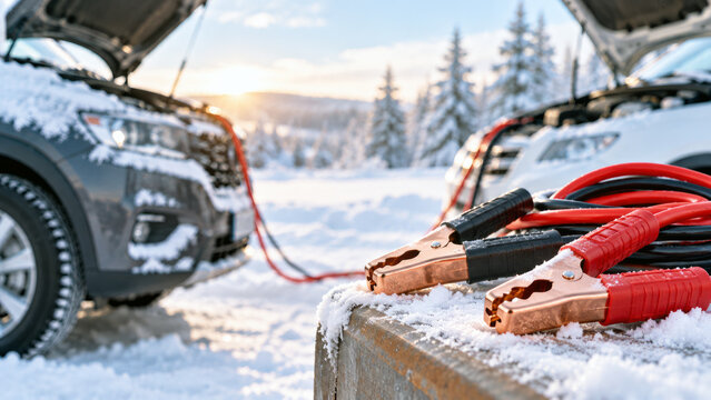 Jumper cables beside cars with open hoods in winter snow