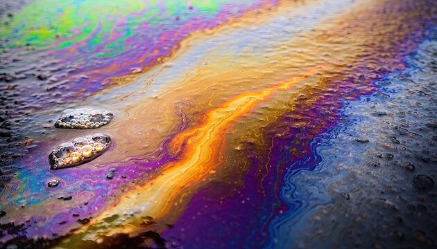 Iridescent Oil Slick on Water Surface with Bubbles.