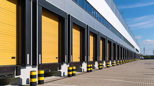 Modern warehouse exterior with yellow roller doors and