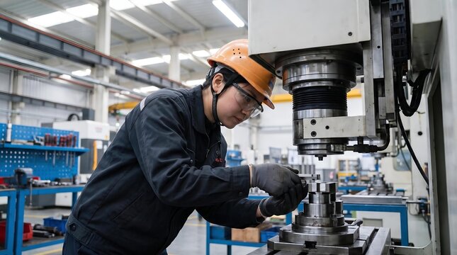 A machine operator in protective workwear adjusts industrial equipment in a modern factory, performing a precise manufacturing task.