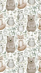 Fototapeta premium Hand drawn woodland animals pattern with fox bear and owl