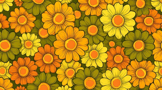 Retro groovy floral pattern with orange and yellow daisies