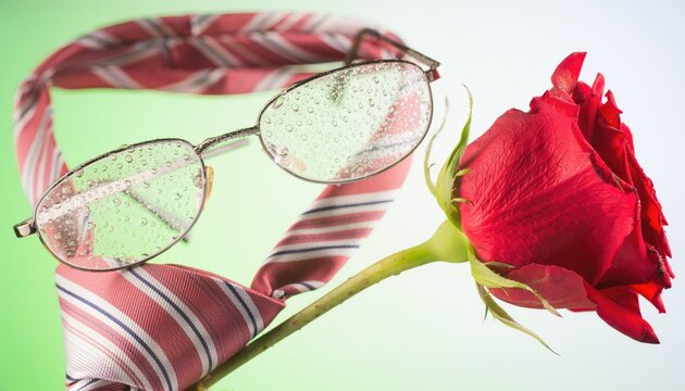 Elegant Red Rose with Striped Tie and Glasses Symbolizing Sophistication.