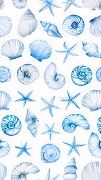 Blue watercolor seashell and starfish pattern on white background