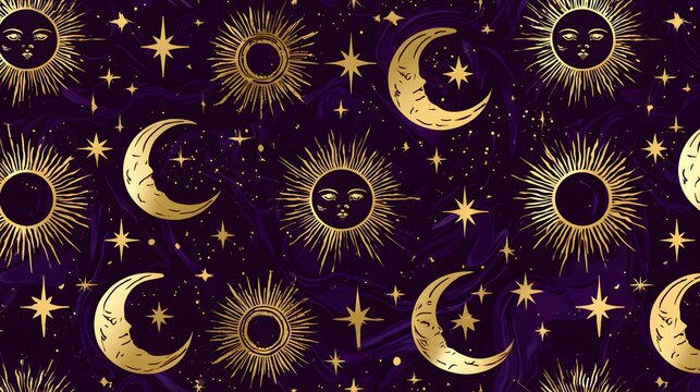 Gold celestial sun and moon pattern on purple cosmic background
