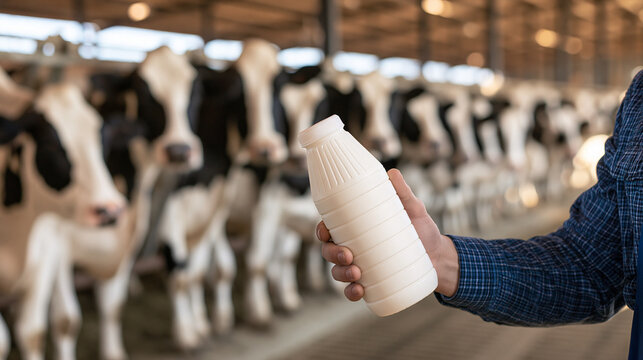 Farmer holding milk bottle with cows in barn