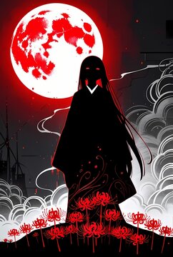 満月の夜に佇む着物女性のシルエット
