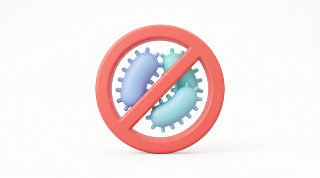 3D Illustration of Red Prohibition Sign With Blue Germ Cells For Hygiene