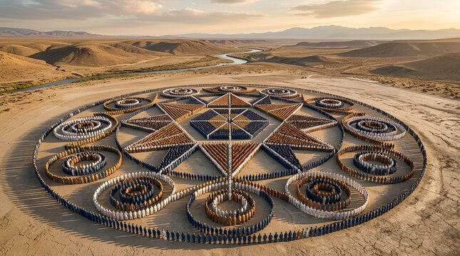 Massive human mandala in desert landscape with river