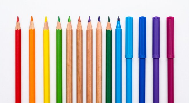 A vibrant spectrum of colored pencils and markers are neatly arranged, showcasing a rainbow of hues ready for creative expression.