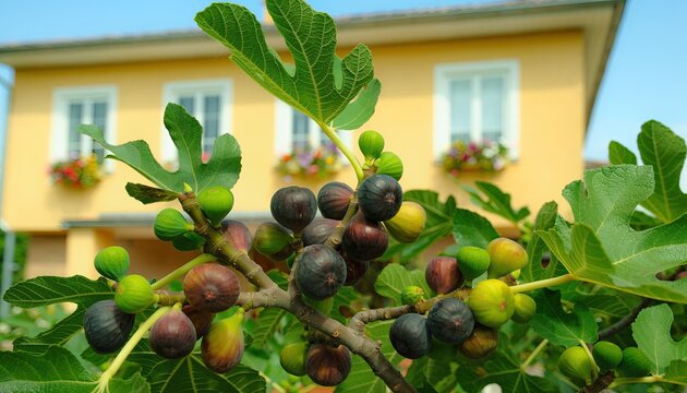 Ripe Figs Ripening on a Tree Branch in Front of a Yellow House.