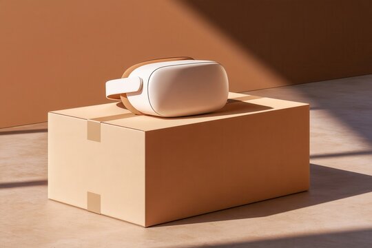White virtual reality headset resting on cardboard shipping box under warm directional light, minimalist composition with earthy tones and clean shadows