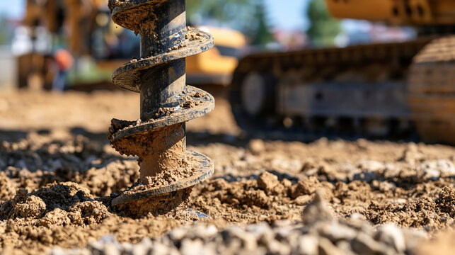 Close up of muddy auger drill boring into
