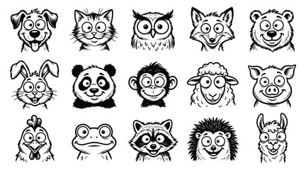 Fototapeta premium Collection of cute cartoon animal face line art illustrations showing various funny facial expressions on white background 