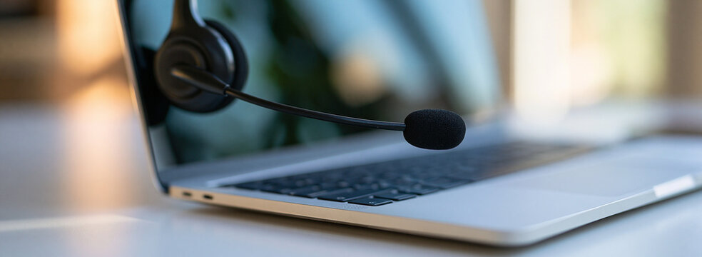 black headset microphone resting on silver laptop computer