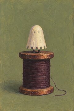 Miniature sewing spirit in chalky celery, plum and copper