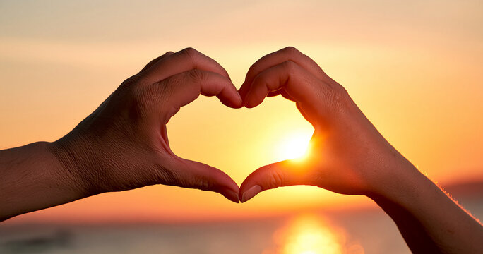 Hands forming heart shape around sunset sky