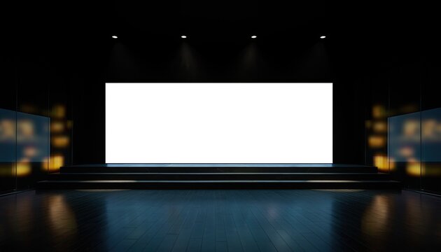 Empty stage with large blank screen and spotlights for presentation.