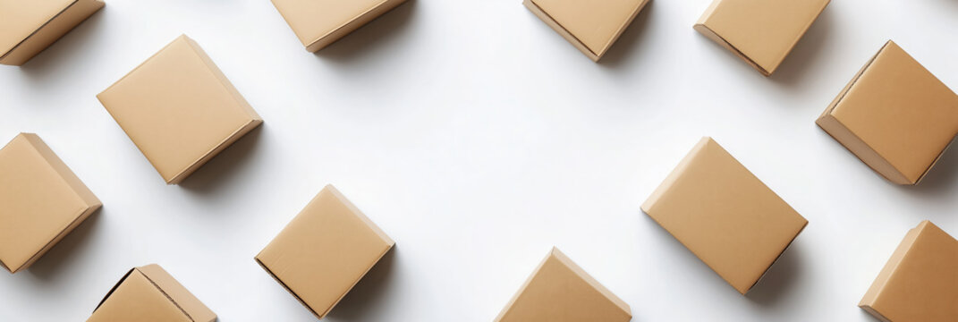 Scattered cardboard boxes on white background with copy space