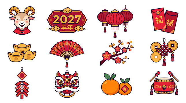 Year of the goat 2027 chinese new year celebration vector icon set