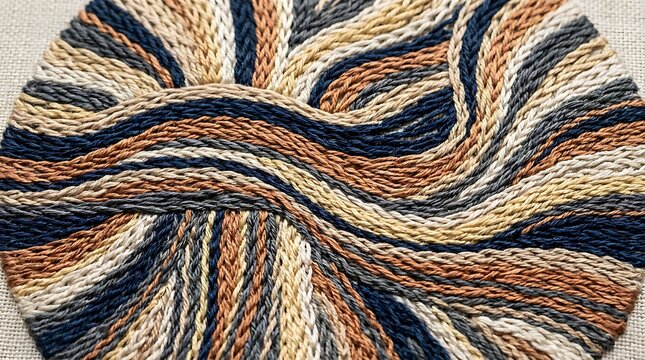 Circular embroidery design with abstract wavy lines in blue brown and cream threads on beige linen fabric