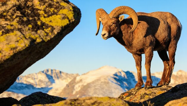 Majestic Rocky Mountain bighorn ram standing alert on rocky boulders overlooking snowy alpine peaks and blue sky in Colorado wilderness