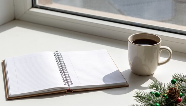 Open blank spiral notebook with lined pages beside a ceramic mug of hot black coffee on a sunny windowsill, decorated with festive pine branch for winter morning planning