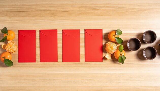 Blank red envelopes with ripe mandarin oranges and traditional tea cups arranged on wooden table for Chinese Lunar New Year celebration, flat lay